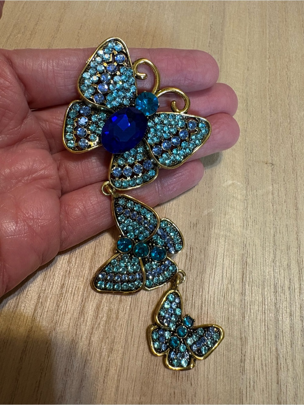 Gold-Tone Blue & Teal Crystal Butterfly Brooch - Statement Women’s Jewelry